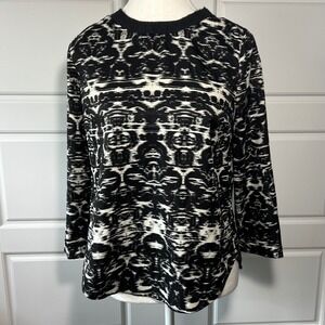 J. Crew Black White‎ Abstract Print Long Sleeve Zipper Neck Top Shirt Size 2
